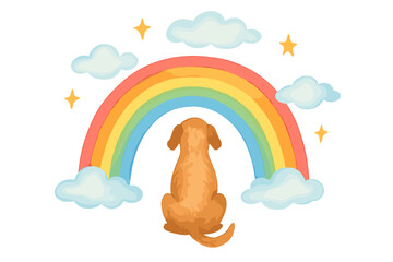 Cute brown dog sitting beneath a colorful rainbow arch with fluffy clouds and bright stars