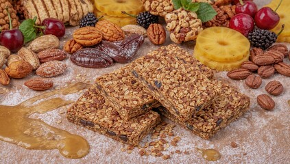 Granola bars featuring nutritious nuts and dried fruits, fiber-dense choice