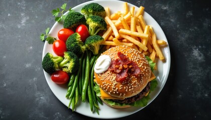 White plate shows healthy meal versus fast food. Fresh broccoli, tomatoes, green beans represent good diet. Hamburger with cheese, bacon, fries, mayo junk food. Image highlights conscious nutrition