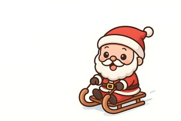 Adorable chibi Santa Claus sledding on snow, smiling in red suit and hat, white background with copy space. Playful festive winter illustration.