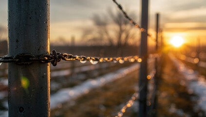 Closeup of vineyard trellis components with dew glistening in sunrise light, highlighting industrial durability