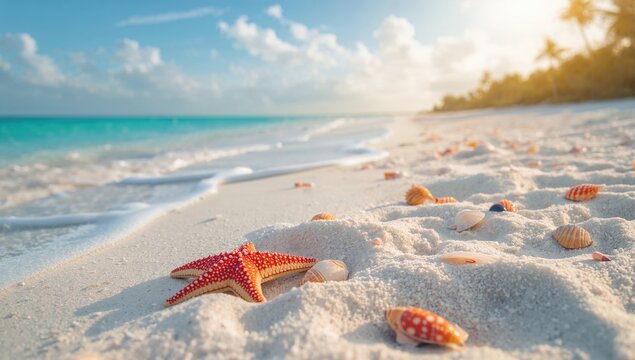 White sandy beach adorned with starfish and numerous seashells, ideal for coastal relaxation