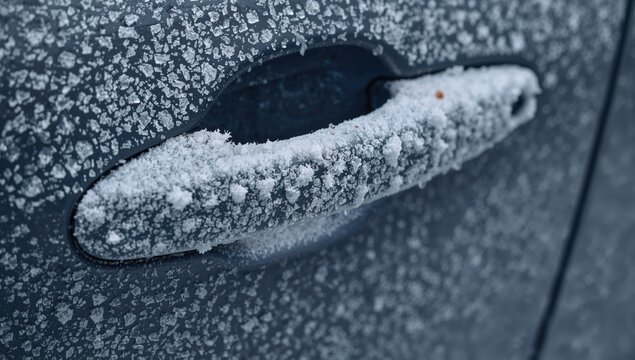 A frosted car door handle adorned with intricate ice crystal patterns, showcasing seasonal change