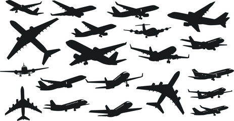 PrintLarge collection of airplane silhouettes featuring various aircraft types in multiple flight angles, aviation transport icons for travel, industry, design projects