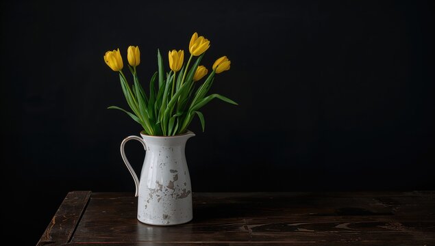 Yellow tulips arranged in a vintage white jug, a fresh floral display on a rustic wooden surface