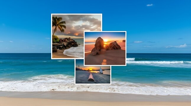 Oceanfront Landscape Collage with Palm Trees, Rock Formations and Sailboats