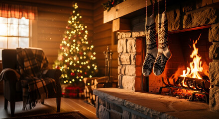 Cozy Christmas evening by the fireplace with a decorated tree and warm fire, creating a festive and inviting holiday atmosphere in a rustic cabin setting