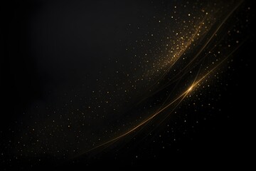 Luxurious black background with flowing golden light trails and glittering particles, creating an elegant, festive abstract backdrop with copy space.