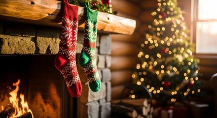 Cozy Christmas fireplace with stockings hanging and a beautifully decorated tree, creating a warm and festive holiday atmosphere
