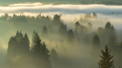 Magical misty forest landscape with dreamy fog and sunrays shining through trees