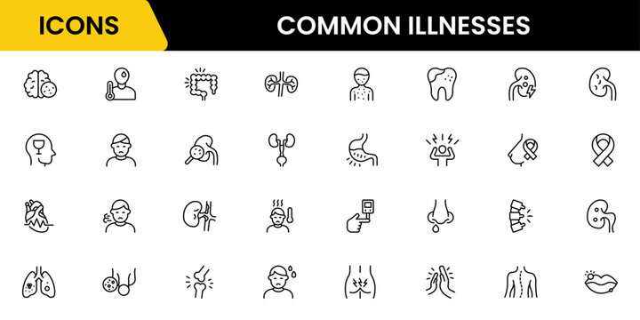 Common Illnesses line icons set. Common Illnesses outline icons with editable stroke collection. These Includes Breast Cancer, Depression, Brain Tumor, Allergy, Diabetes, and More.