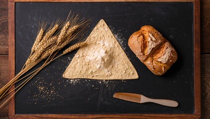 On a dark surface, there are stalks of wheat, a mound of flour, and freshly baked bread