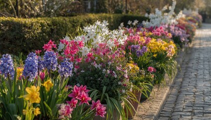 Spring blooms lining the sidewalk, a vibrant display of seasonal change