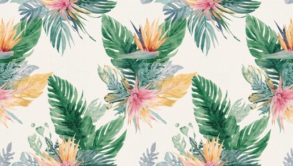 Seamless watercolor pattern featuring tropical foliage and strelitzia blooms, suitable for editorial header background