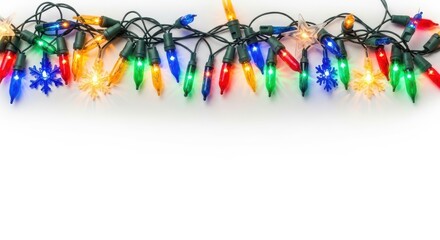 Colorful festive Christmas string lights with snowflakes and stars on white
