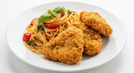 Delicious fried chicken with spaghetti, fresh tomatoes and basil on white plate
