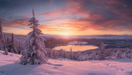 Snowy winter landscape bathed in sunlight, seasonal change