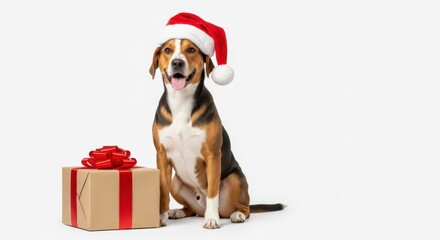 Happy tricolor dog in santa hat with festive gift box sitting on white background