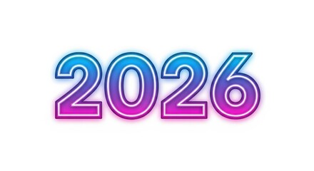 Neon glow 2026 text with vibrant blue and purple gradient outline on white
