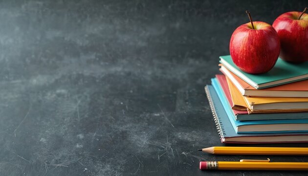 Red apples on stack of books, notebooks with pencils on classroom desk. School supplies on chalkboard background for study, learning. Back to school concept for student essentials. Education,