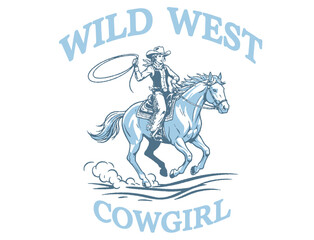 Vector t-shirt graphic showcases a cowgirl riding a horse. The bold text reads 