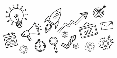 Minimal sketch-style business icons including rocket launch, charts, target, email, clock, pencil, gears, calendar, analytics screen, and paper plane. Clean vector doodle set for startup and workflow 