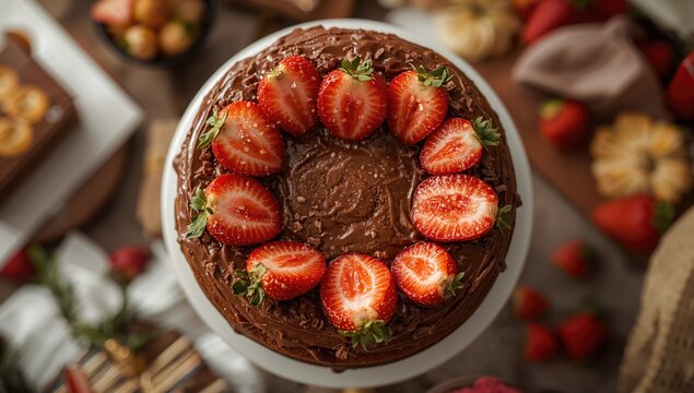Honey cake adorned with strawberries, fiber-dense choice
