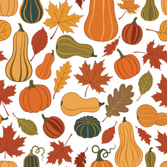 Seamless Pattern of Autumn Harvest Pumpkins, Squash, and Maple Leaves Background Design for Seasonal Textile Print or Wallpaper Decoration.