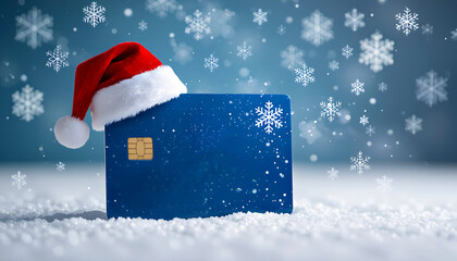 Christmas Credit Card with Santa Hat on Festive Background