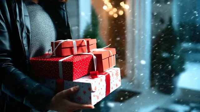 Faceless silhouette of a person holding a stack of red and white gift boxes in front of a softly lit door, blurred snowflakes, with copy space.