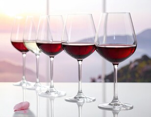 Five Wine Glasses with Red and White Wine Against a Sunset View