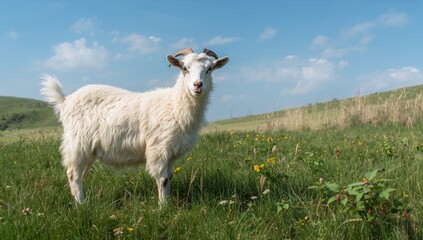 Obraz premium White domestic goat grazing in a meadow, observing nature