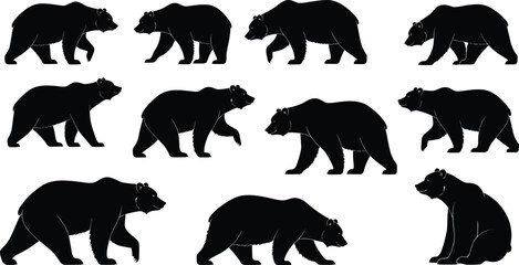 PrintSilhouette bear collection showing various walking and sitting poses, wildlife illustration, forest animal movement, natural behavior, black bear artwork design