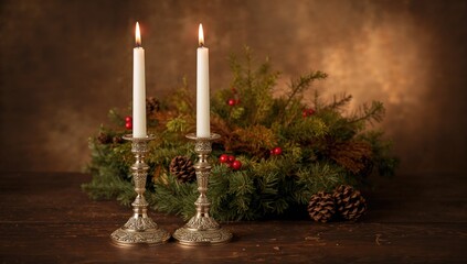 Two candles in candlesticks situated on a dark wooden surface, enhancing a Christmas wreath ambiance