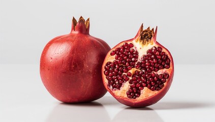 Handcrafted vector illustration of whole and halved pomegranates, highlighting the nutritional benefits of this antioxidant-rich fruit