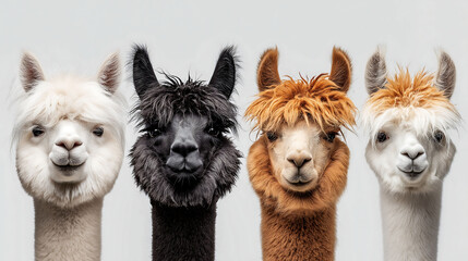Obraz premium Four adorable llamas with unique haircuts on a white background