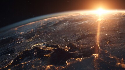The image shows a stunning view of Earth from space at sunrise, highlighting bright city lights across the landscape. The warm sun casts a golden hue across the planet's surface.
