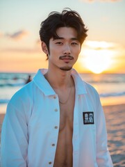 attractive young japanese guy in white themed swimwear portrait on beach fun sunset background, facing front and slightly smiling