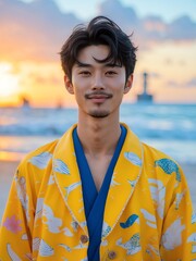 attractive young japanese guy in yellow themed swimwear portrait on beach fun sunset background, facing front and slightly smiling
