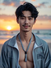attractive young japanese guy in gray themed swimwear portrait on beach fun sunset background, facing front and slightly smiling
