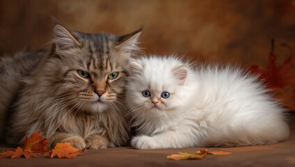 Little fluffy kitten resting beside its mother, nurturing bond between feline family members