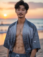 attractive young japanese guy in gray themed swimwear portrait on beach fun sunset background, facing front and slightly smiling