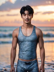 attractive young japanese guy in gray themed swimwear portrait on beach fun sunset background, facing front and slightly smiling
