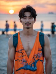 attractive young japanese guy in orange themed swimwear portrait on beach fun sunset background, facing front and slightly smiling
