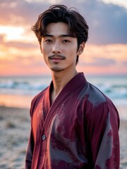 attractive young japanese guy in burgundy themed swimwear portrait on beach fun sunset background, facing front and slightly smiling