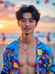 attractive young japanese guy in colorful themed swimwear portrait on beach fun sunset background, facing front and slightly smiling