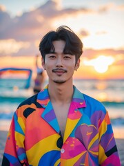 attractive young japanese guy in colorful themed swimwear portrait on beach fun sunset background, facing front and slightly smiling