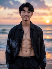 attractive young japanese guy in black themed swimwear portrait on beach fun sunset background, facing front and slightly smiling
