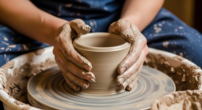 Hands shaping clay pot on pottery wheel with wet hands image