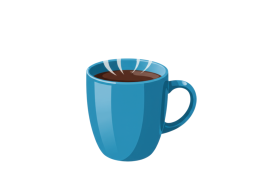 Simple cerulean blue ceramic coffee mug with dynamic steam rising from dark beverage, hard lines flat vector design on transparent background. Concept of organized comfort